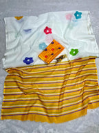 Soft Plain Linen Cotton Saree with Stripe Pallu & Floral Digital Prints