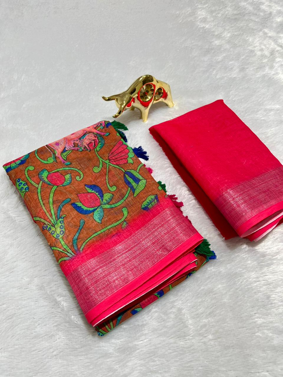 Linen Cotton Saree with Zari Weave Border & Pichwai Kalamkari Digital Prints