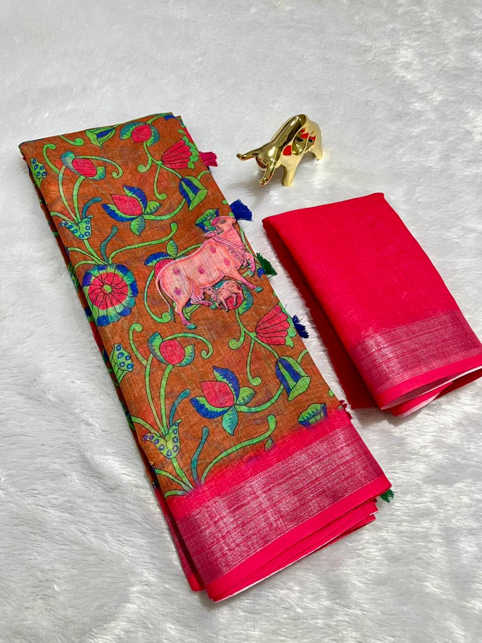 Linen Cotton Saree with Zari Weave Border & Pichwai Kalamkari Digital Prints