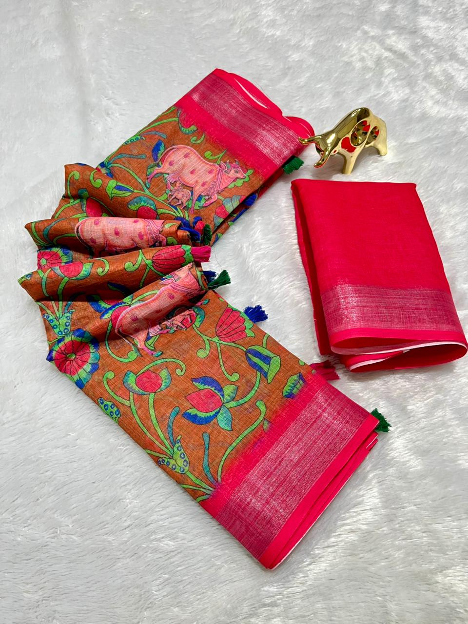 Linen Cotton Saree with Zari Weave Border & Pichwai Kalamkari Digital Prints