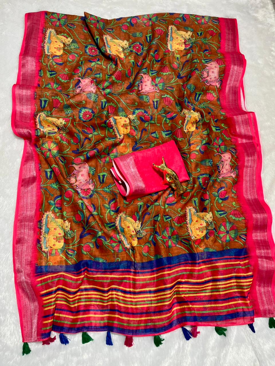Linen Cotton Saree with Zari Weave Border & Pichwai Kalamkari Digital Prints