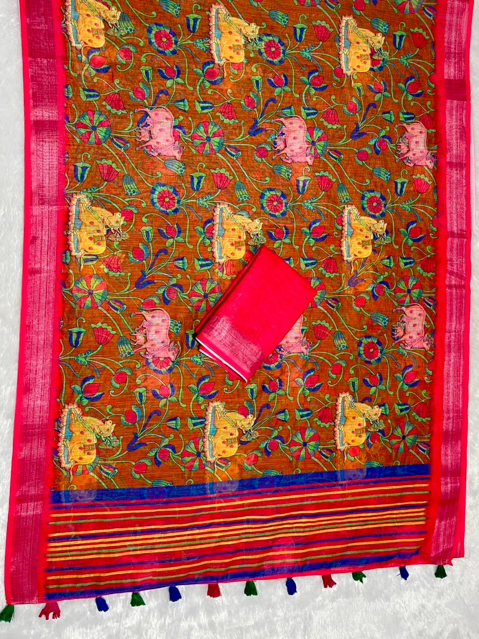 Linen Cotton Saree with Zari Weave Border & Pichwai Kalamkari Digital Prints