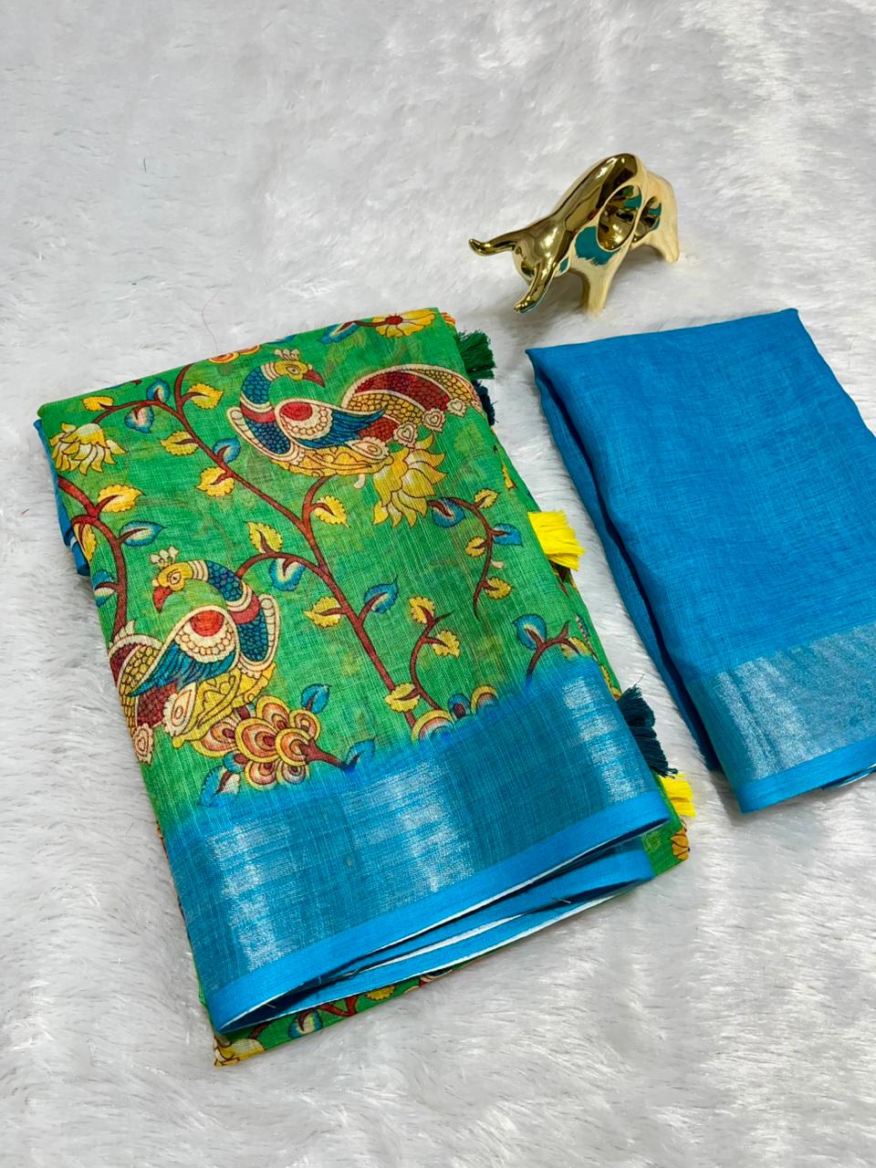 Linen Cotton Saree with Zari Weave Border & Pichwai Kalamkari Digital Prints