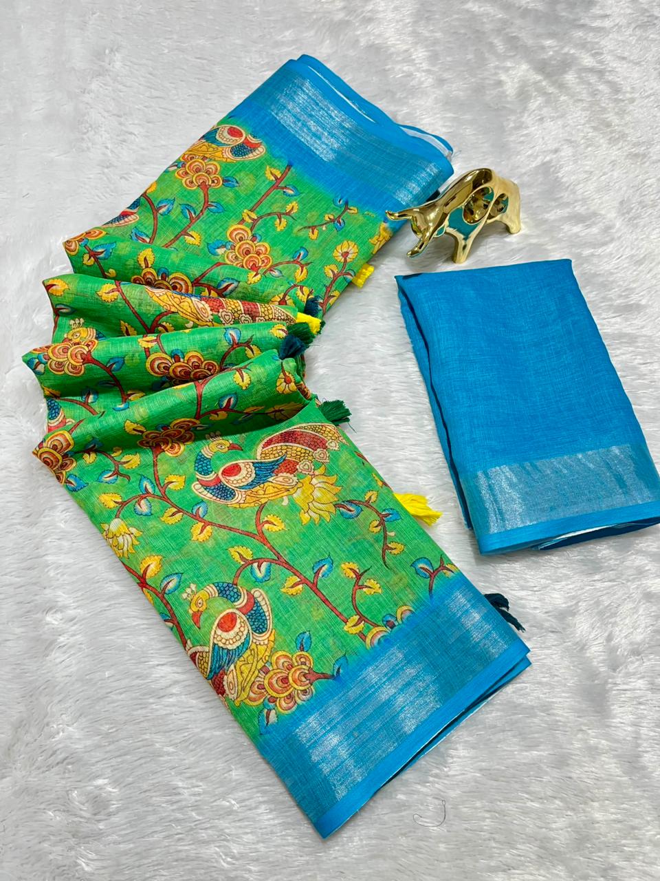 Linen Cotton Saree with Zari Weave Border & Pichwai Kalamkari Digital Prints