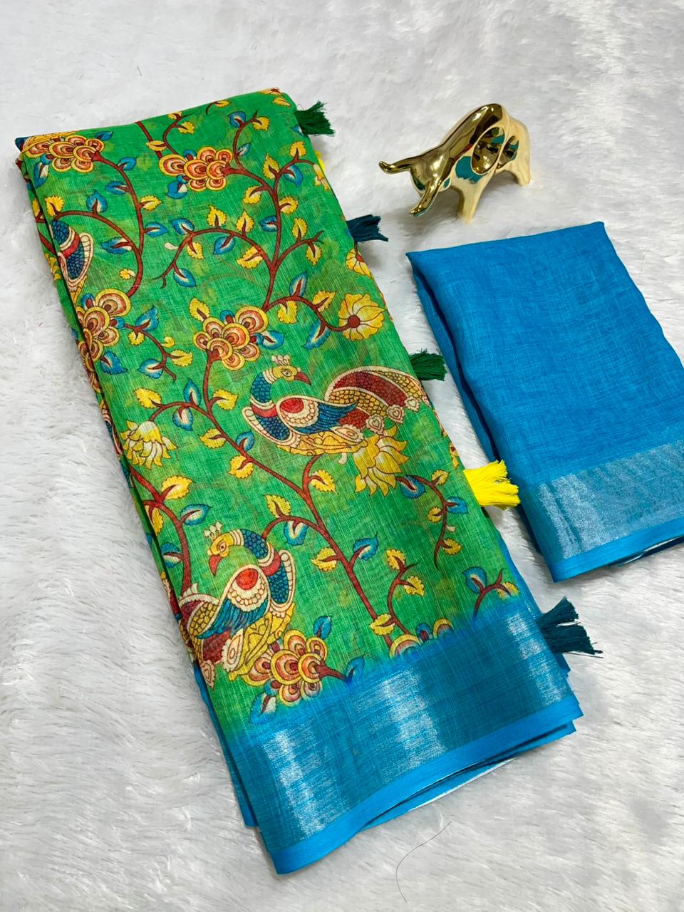 Linen Cotton Saree with Zari Weave Border & Pichwai Kalamkari Digital Prints
