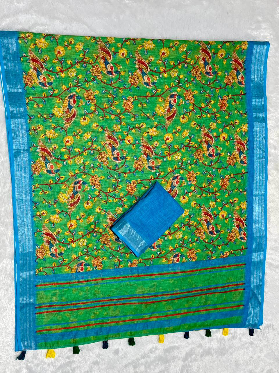 Linen Cotton Saree with Zari Weave Border & Pichwai Kalamkari Digital Prints