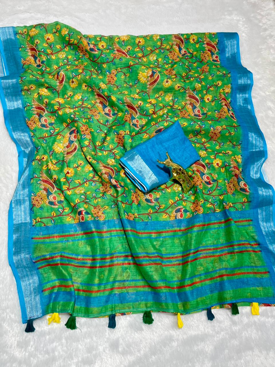 Linen Cotton Saree with Zari Weave Border & Pichwai Kalamkari Digital Prints