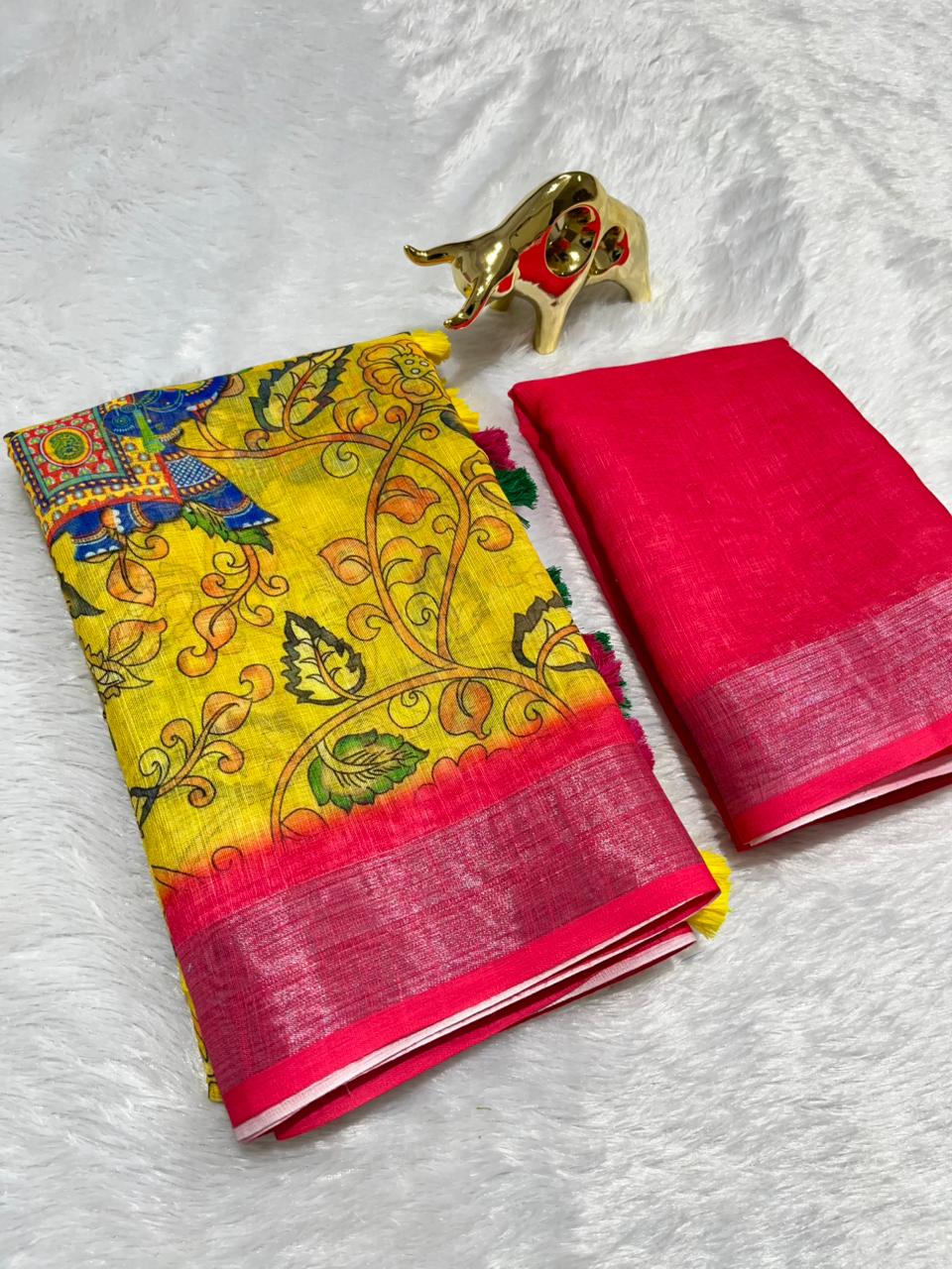 Linen Cotton Saree with Zari Weave Border & Pichwai Kalamkari Digital Prints