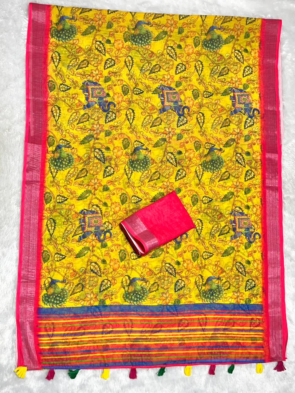 Linen Cotton Saree with Zari Weave Border & Pichwai Kalamkari Digital Prints