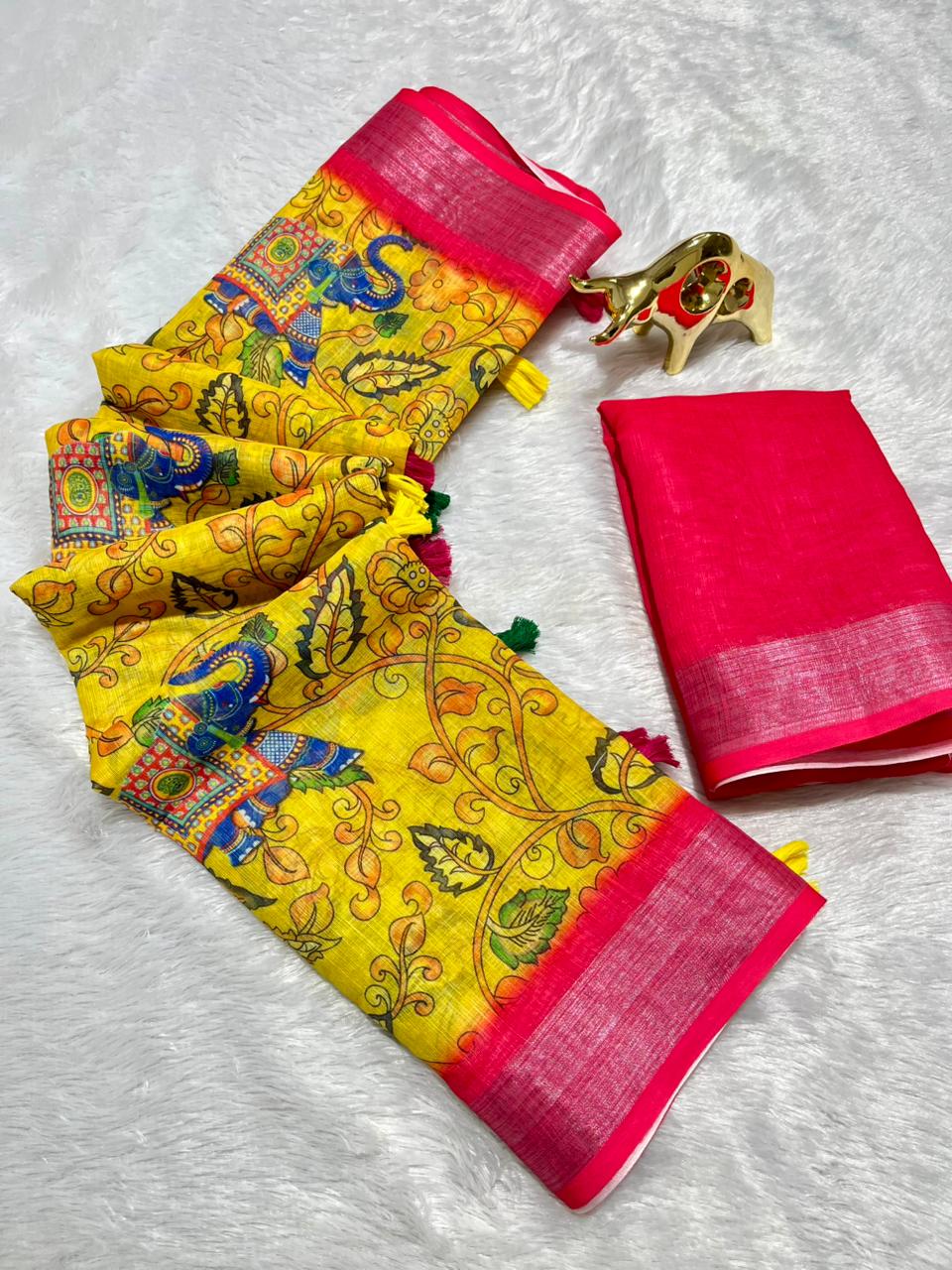 Linen Cotton Saree with Zari Weave Border & Pichwai Kalamkari Digital Prints