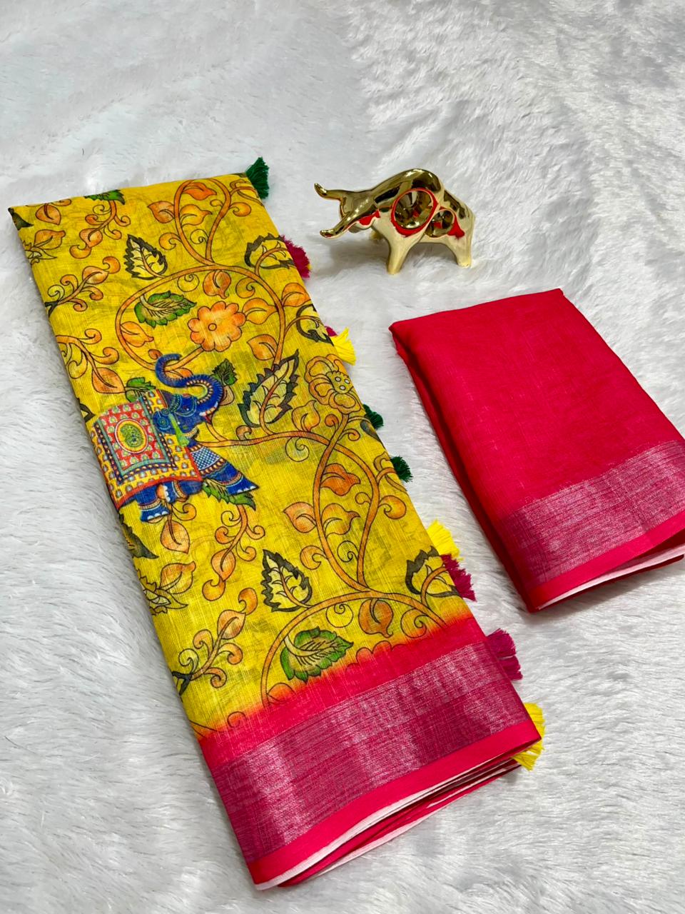 Linen Cotton Saree with Zari Weave Border & Pichwai Kalamkari Digital Prints