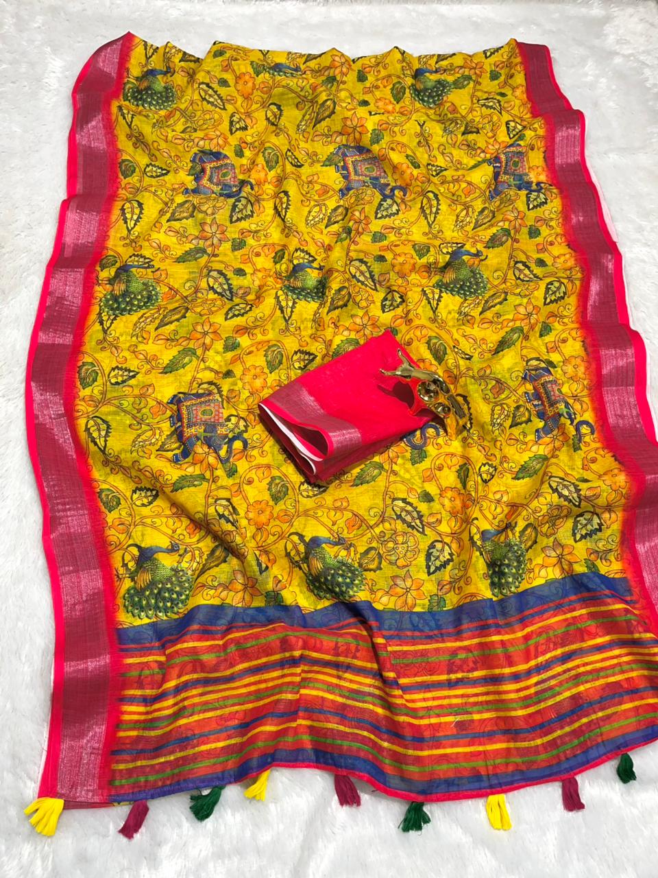 Linen Cotton Saree with Zari Weave Border & Pichwai Kalamkari Digital Prints