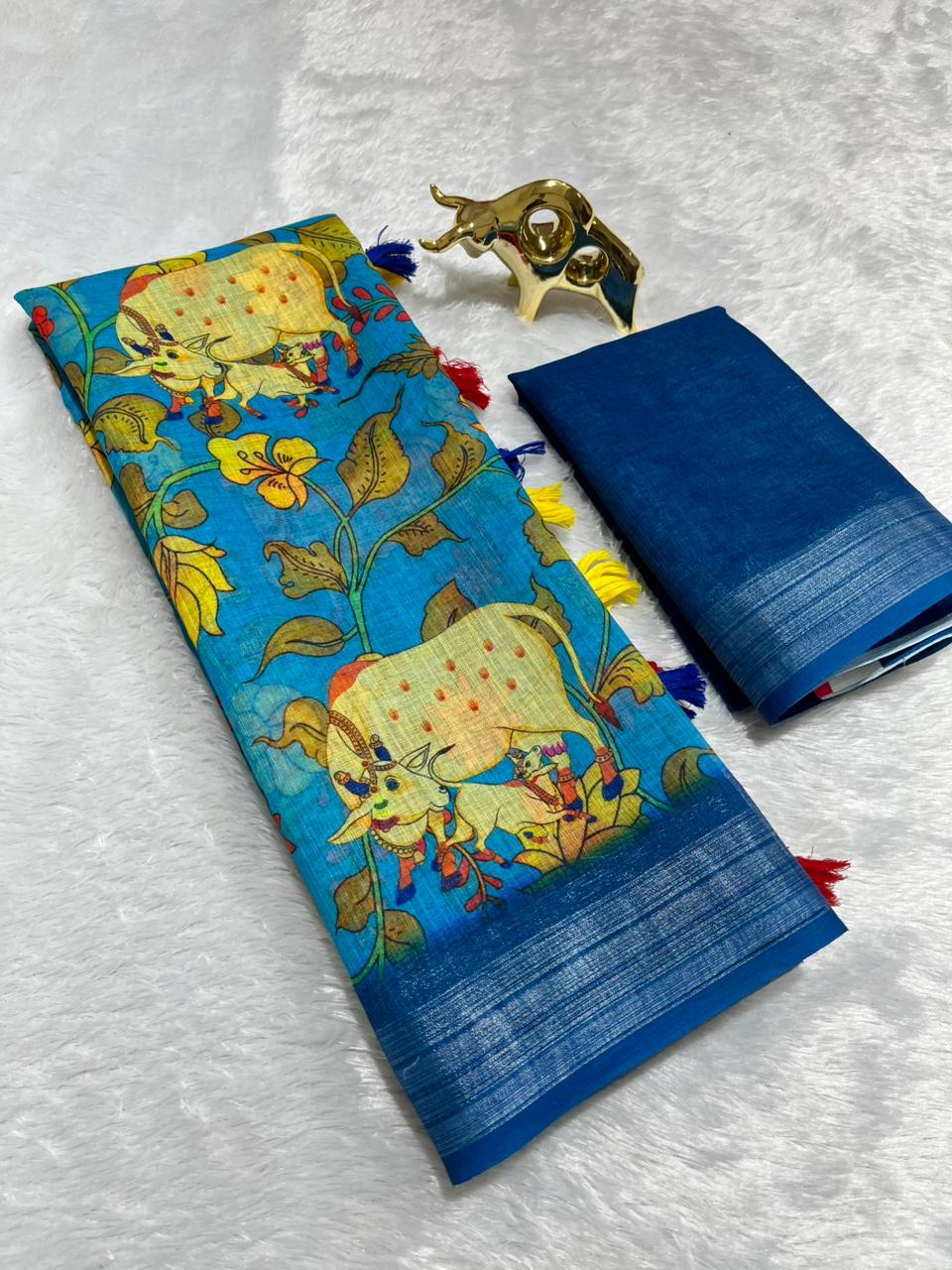 Linen Cotton Saree with Zari Weave Border & Pichwai Kalamkari Digital Prints