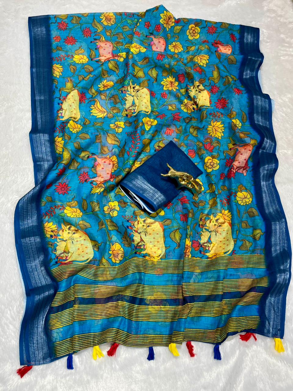 Linen Cotton Saree with Zari Weave Border & Pichwai Kalamkari Digital Prints