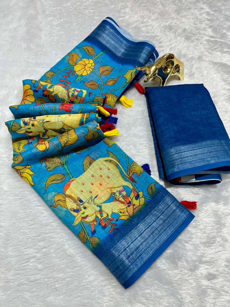 Linen Cotton Saree with Zari Weave Border & Pichwai Kalamkari Digital Prints