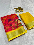 Linen Cotton Saree with Zari Weave Border & Pichwai Kalamkari Digital Prints