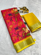 Linen Cotton Saree with Zari Weave Border & Pichwai Kalamkari Digital Prints