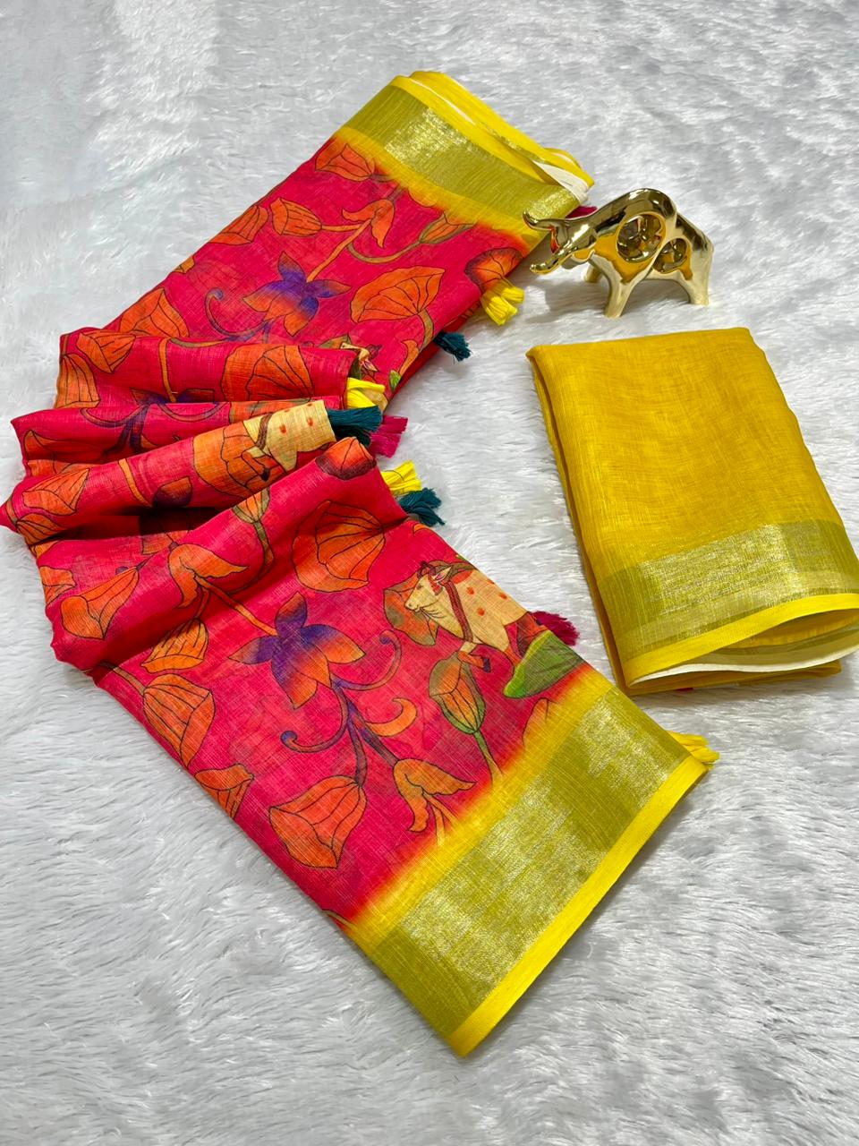 Linen Cotton Saree with Zari Weave Border & Pichwai Kalamkari Digital Prints