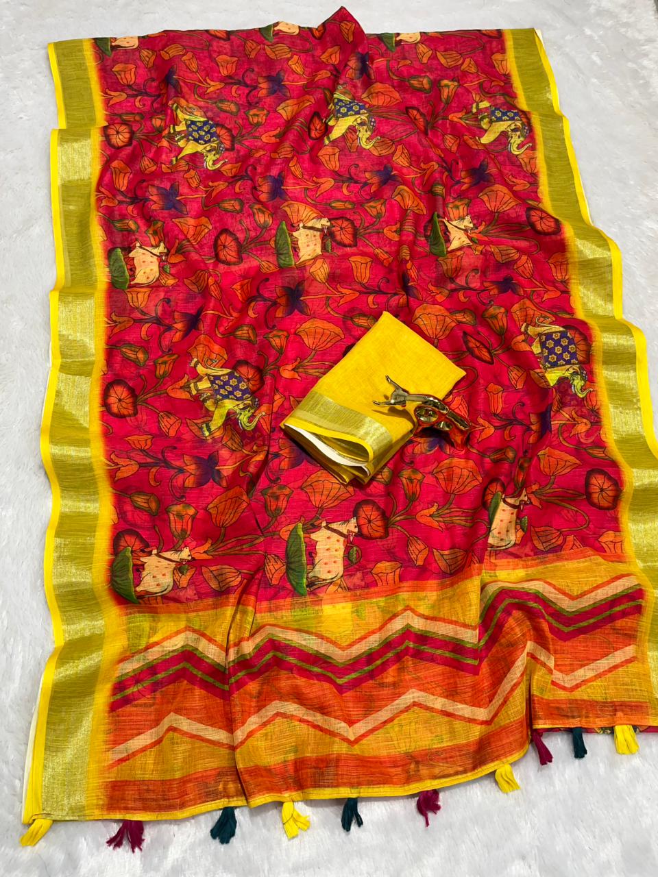 Linen Cotton Saree with Zari Weave Border & Pichwai Kalamkari Digital Prints