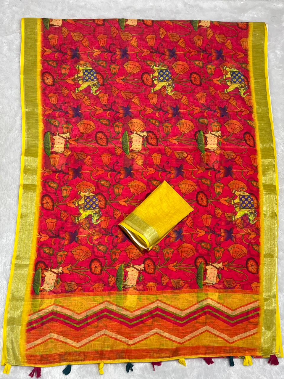 Linen Cotton Saree with Zari Weave Border & Pichwai Kalamkari Digital Prints