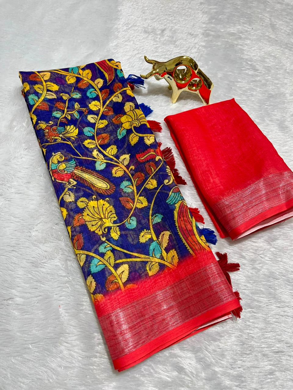 Linen Cotton Saree with Zari Weave Border & Pichwai Kalamkari Digital Prints