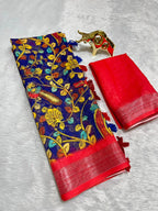 Linen Cotton Saree with Zari Weave Border & Pichwai Kalamkari Digital Prints