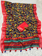 Linen Cotton Saree with Zari Weave Border & Pichwai Kalamkari Digital Prints