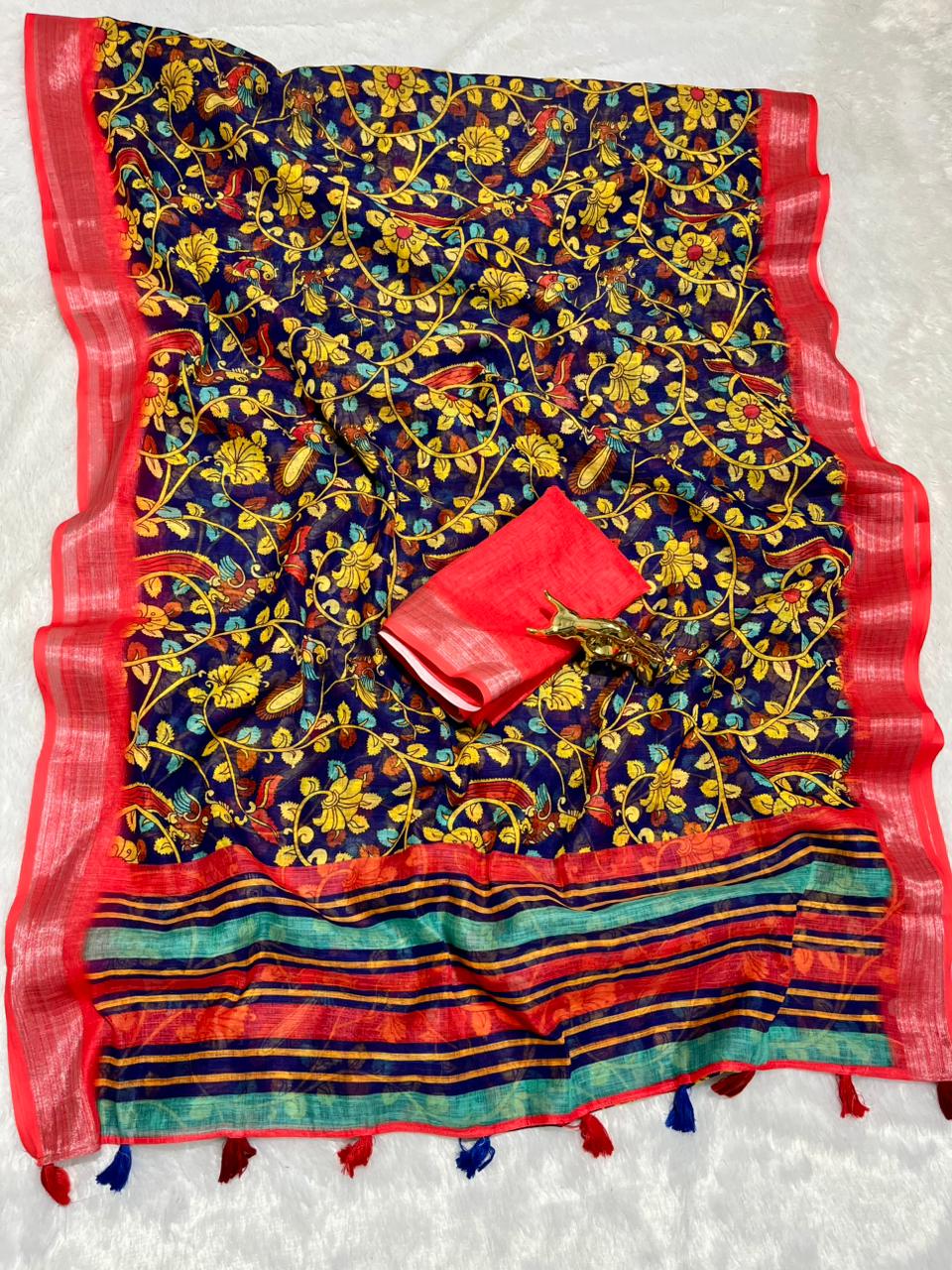 Linen Cotton Saree with Zari Weave Border & Pichwai Kalamkari Digital Prints