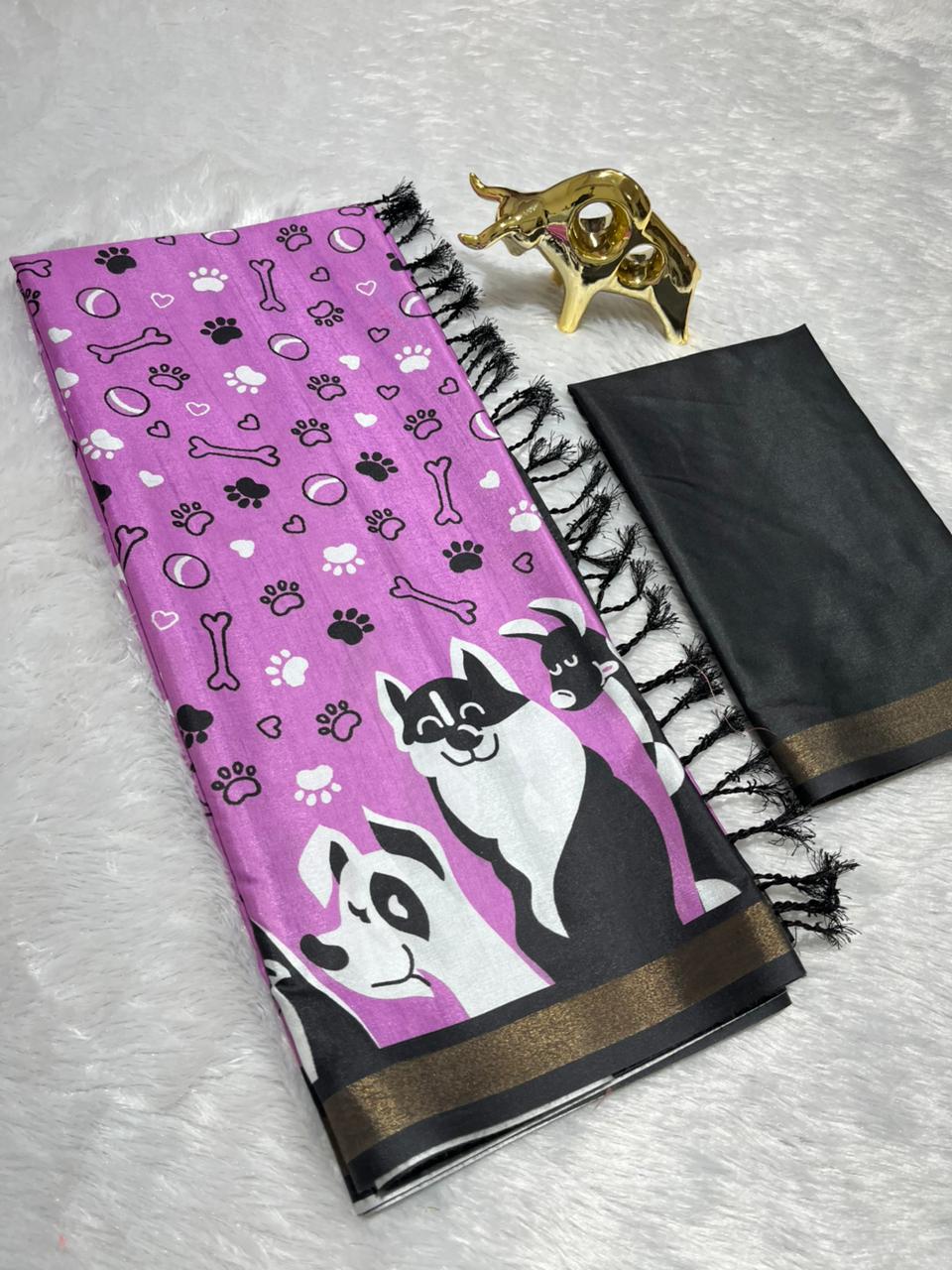 Lilac Soft Mal Cotton Saree with Golden Zari Border & Dog Digital Prints