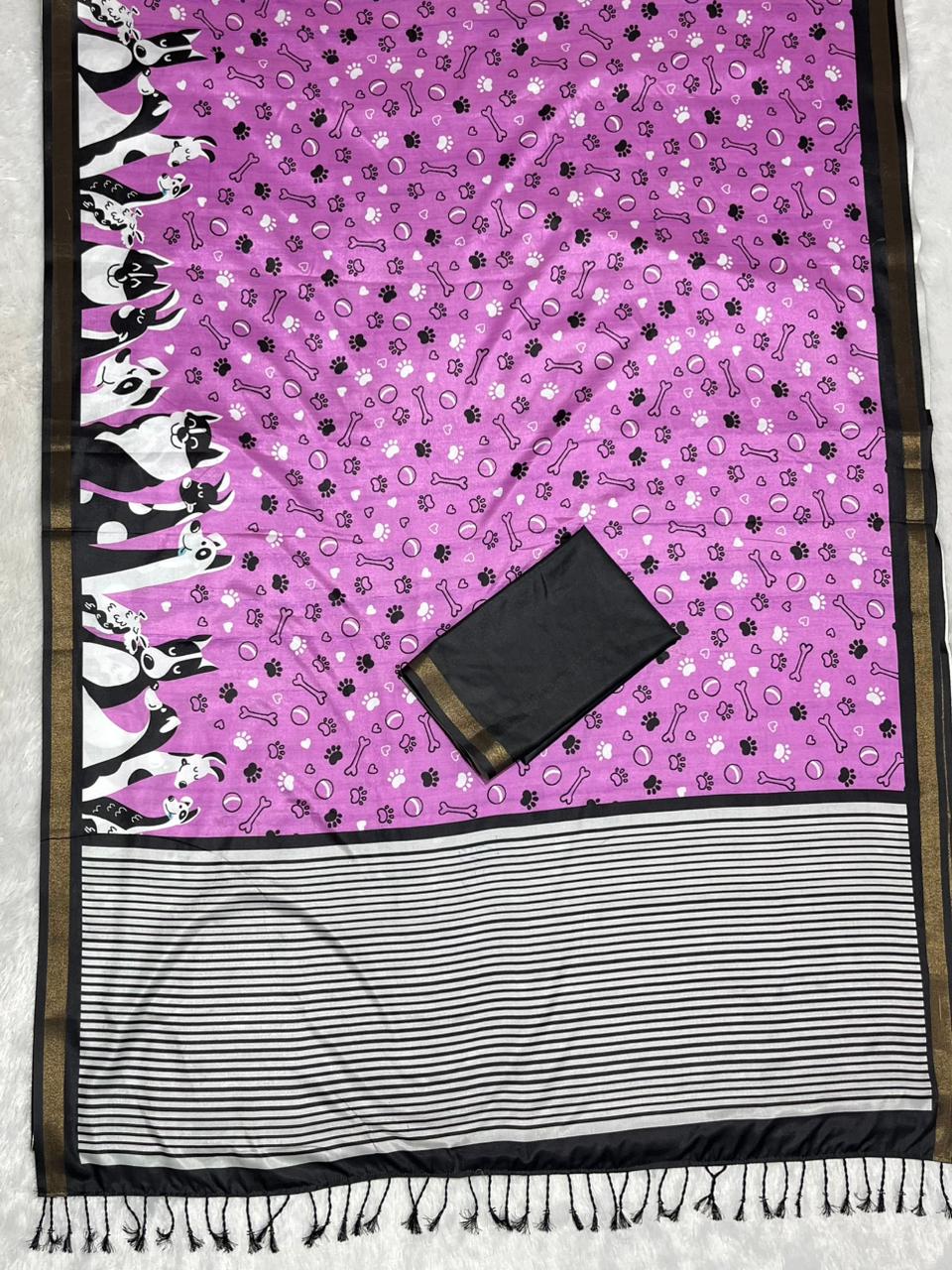 Lilac Soft Mal Cotton Saree with Golden Zari Border & Dog Digital Prints