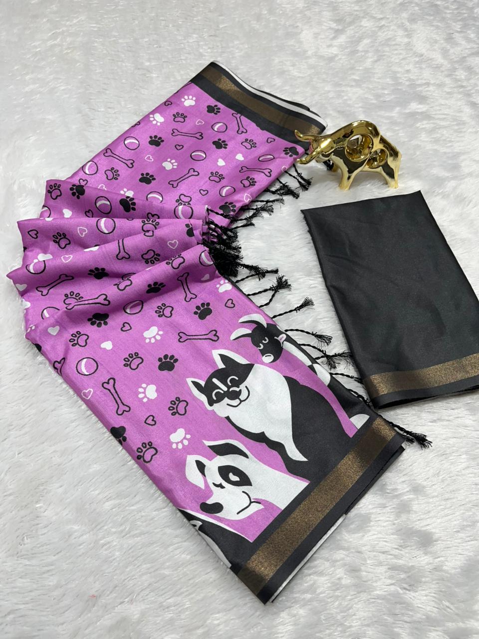 Lilac Soft Mal Cotton Saree with Golden Zari Border & Dog Digital Prints