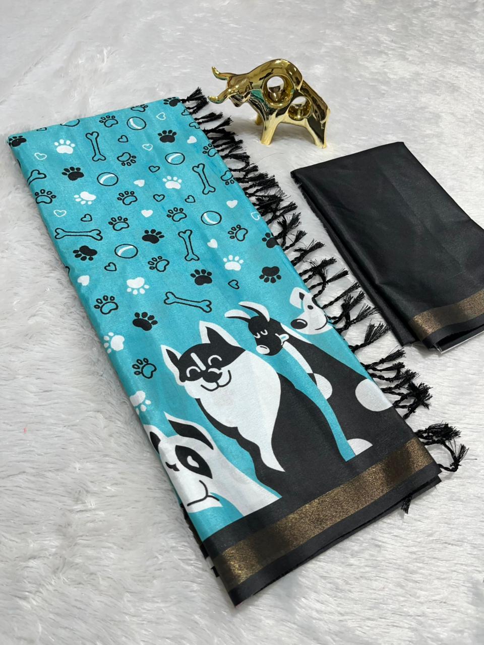 Blue Soft Mal Cotton Saree with Golden Zari Border & Dog Digital Prints