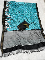 Blue Soft Mal Cotton Saree with Golden Zari Border & Dog Digital Prints