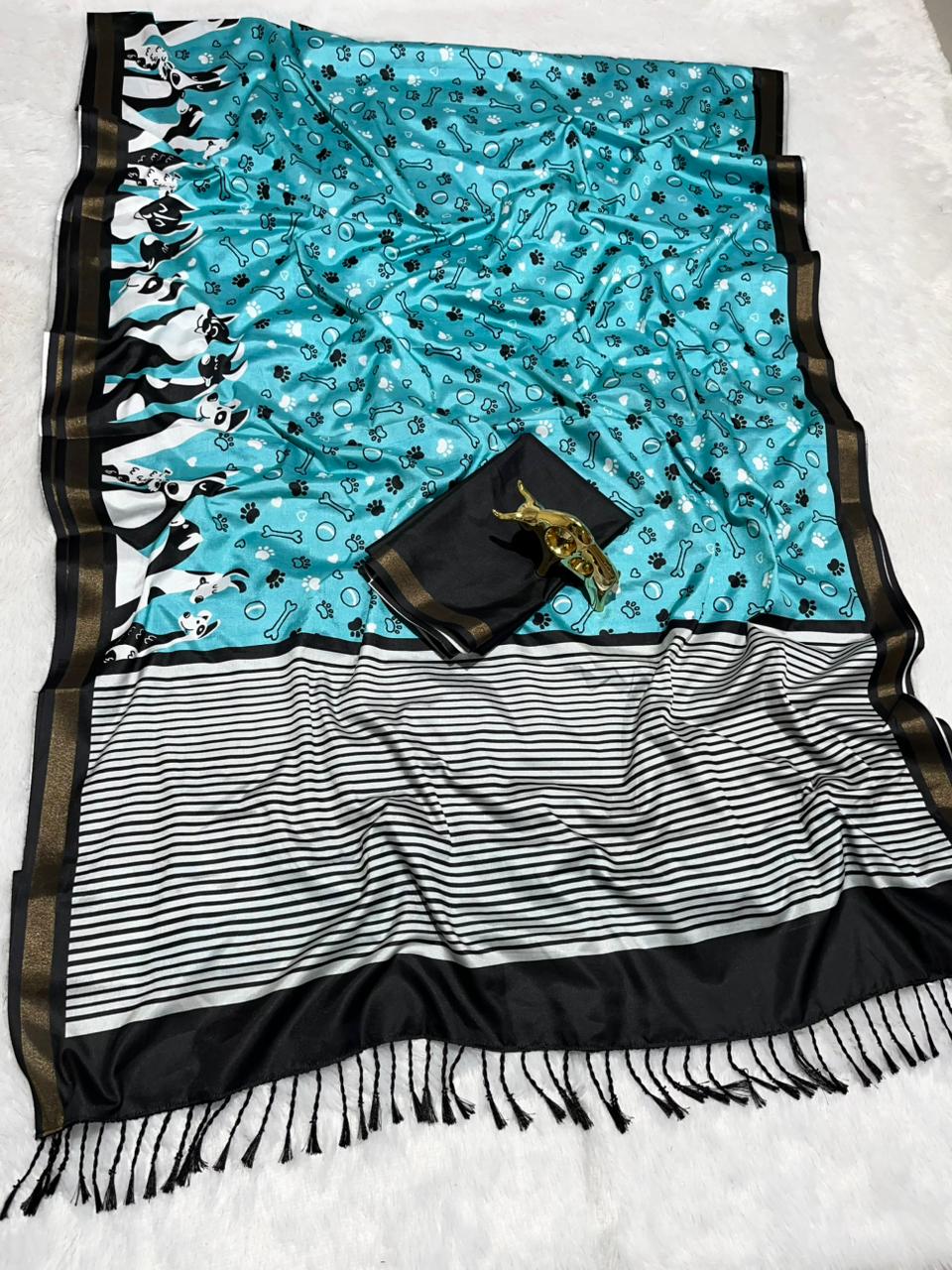 Blue Soft Mal Cotton Saree with Golden Zari Border & Dog Digital Prints