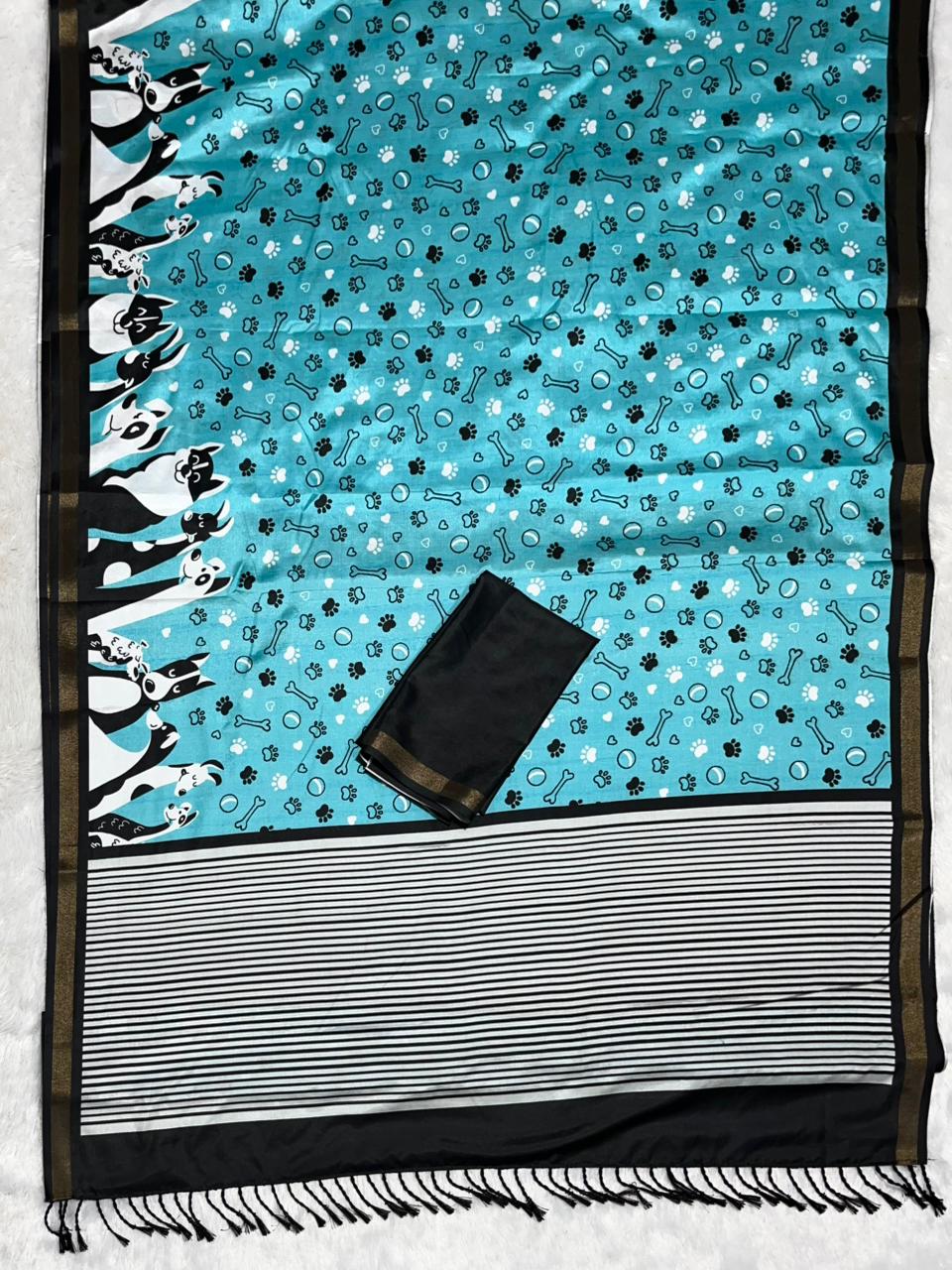 Blue Soft Mal Cotton Saree with Golden Zari Border & Dog Digital Prints