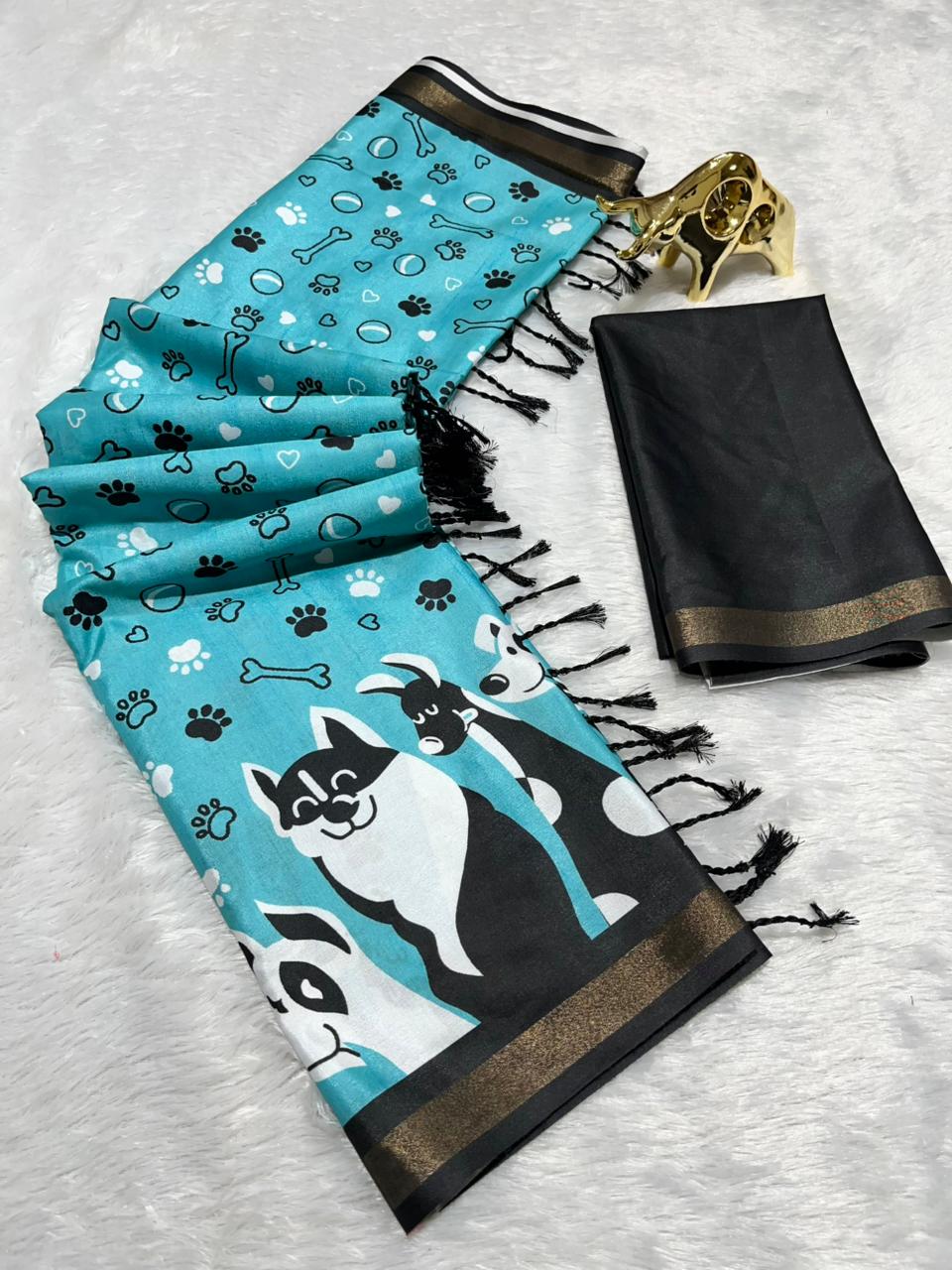 Blue Soft Mal Cotton Saree with Golden Zari Border & Dog Digital Prints