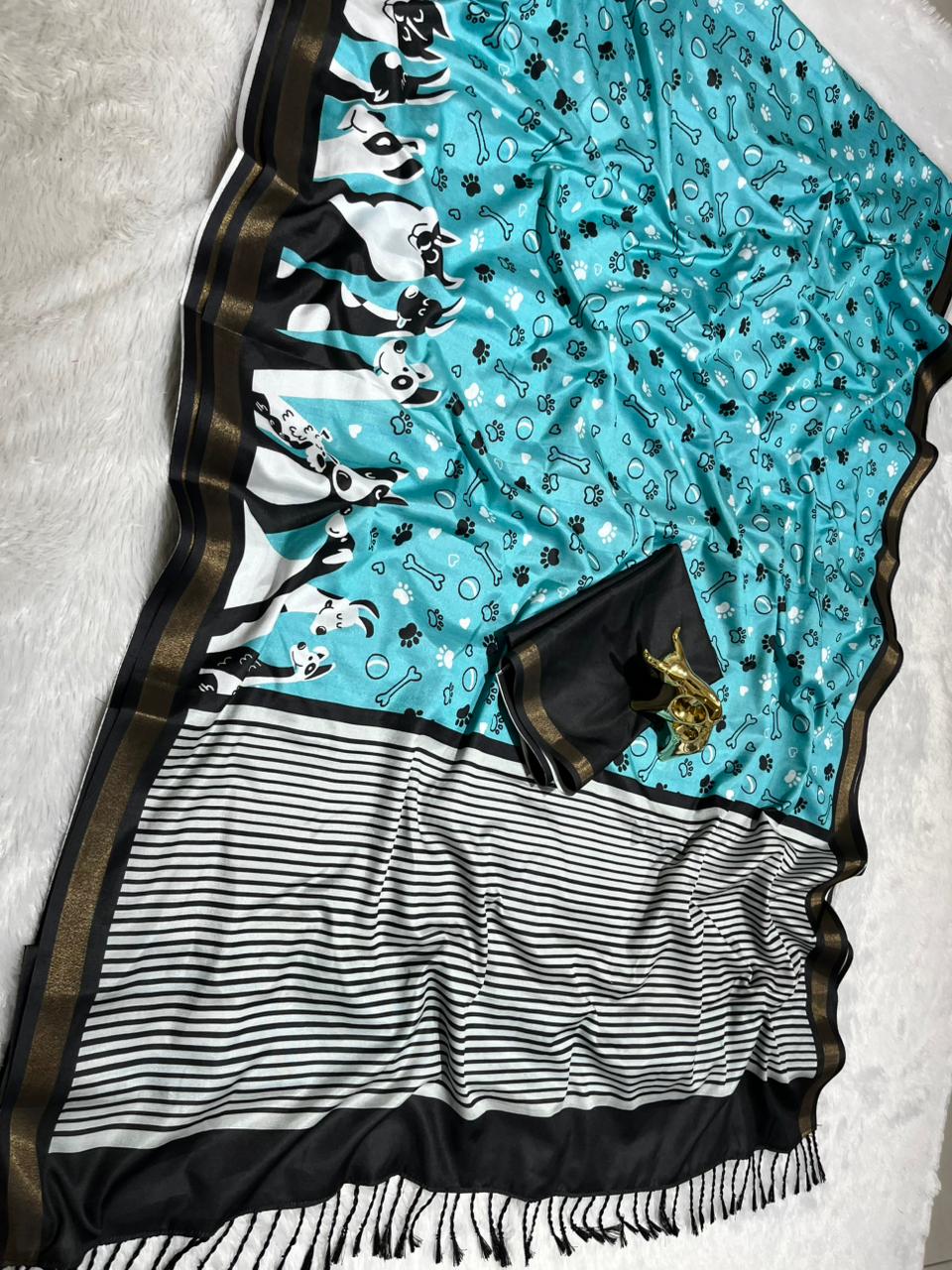 Blue Soft Mal Cotton Saree with Golden Zari Border & Dog Digital Prints