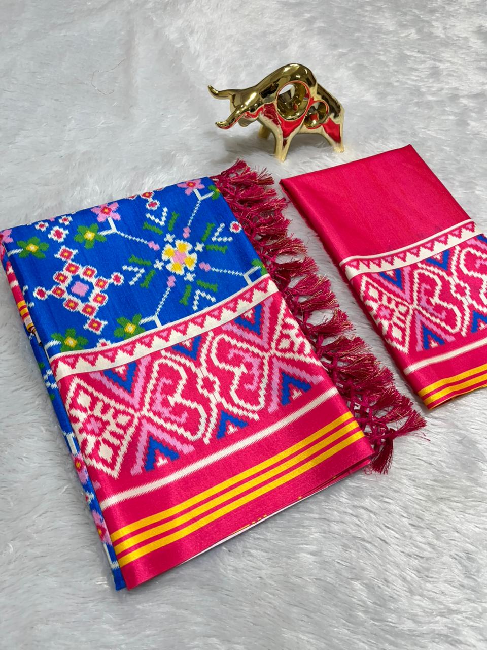 Royal Blue Soft Silk Saree with Patola Digital Prints & Tassel Pallu