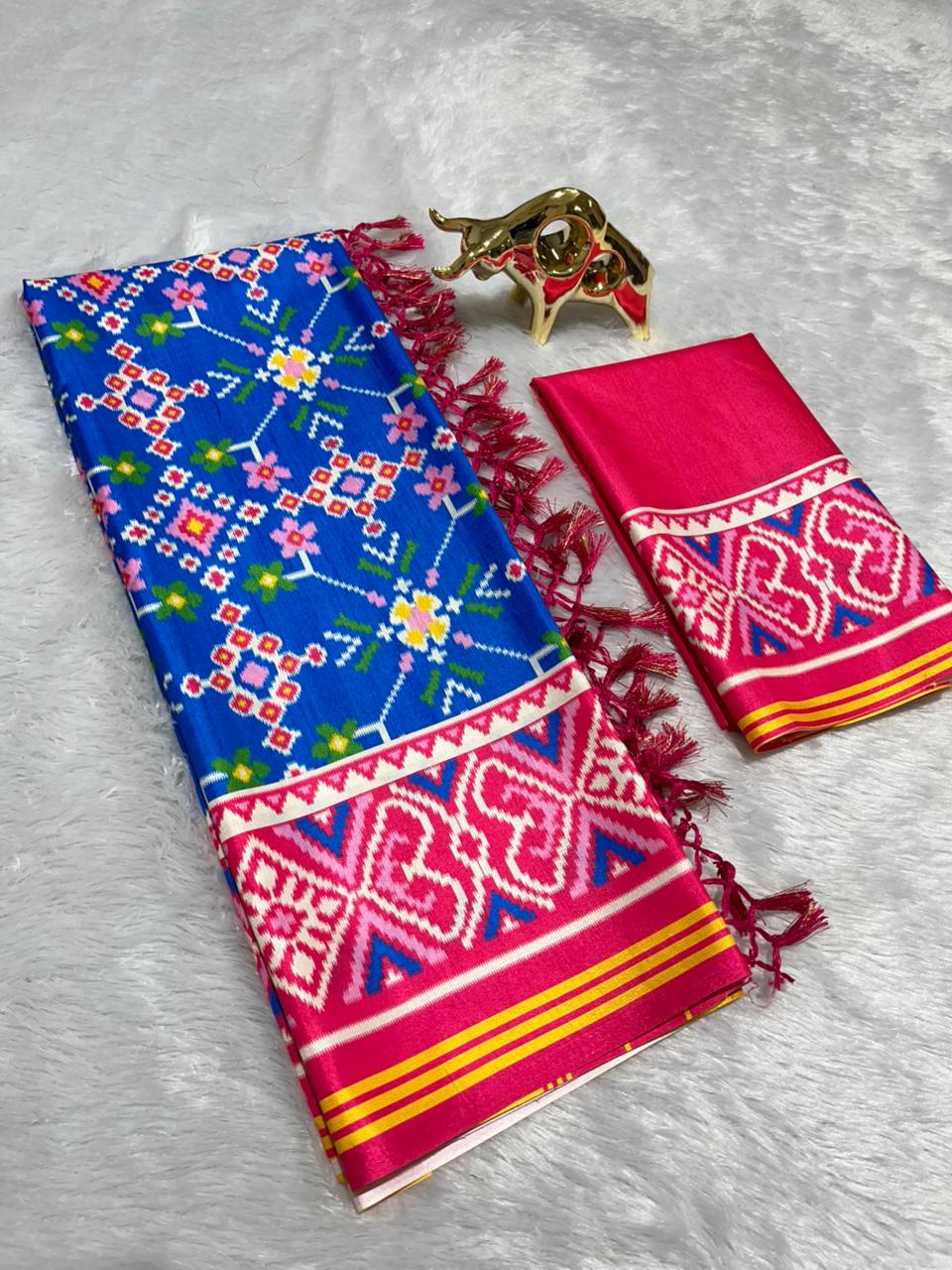 Royal Blue Soft Silk Saree with Patola Digital Prints & Tassel Pallu