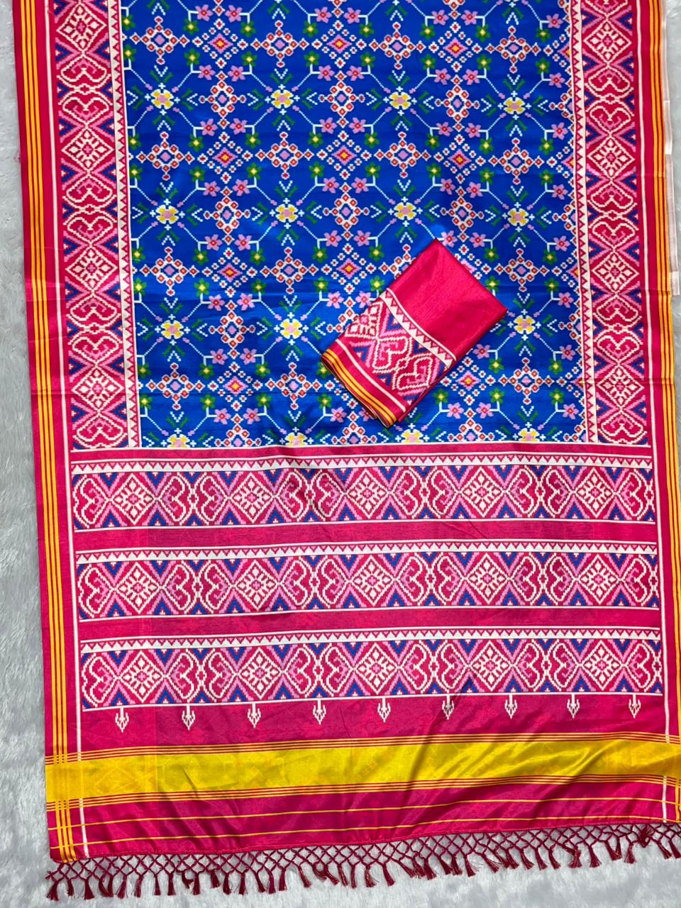 Royal Blue Soft Silk Saree with Patola Digital Prints & Tassel Pallu