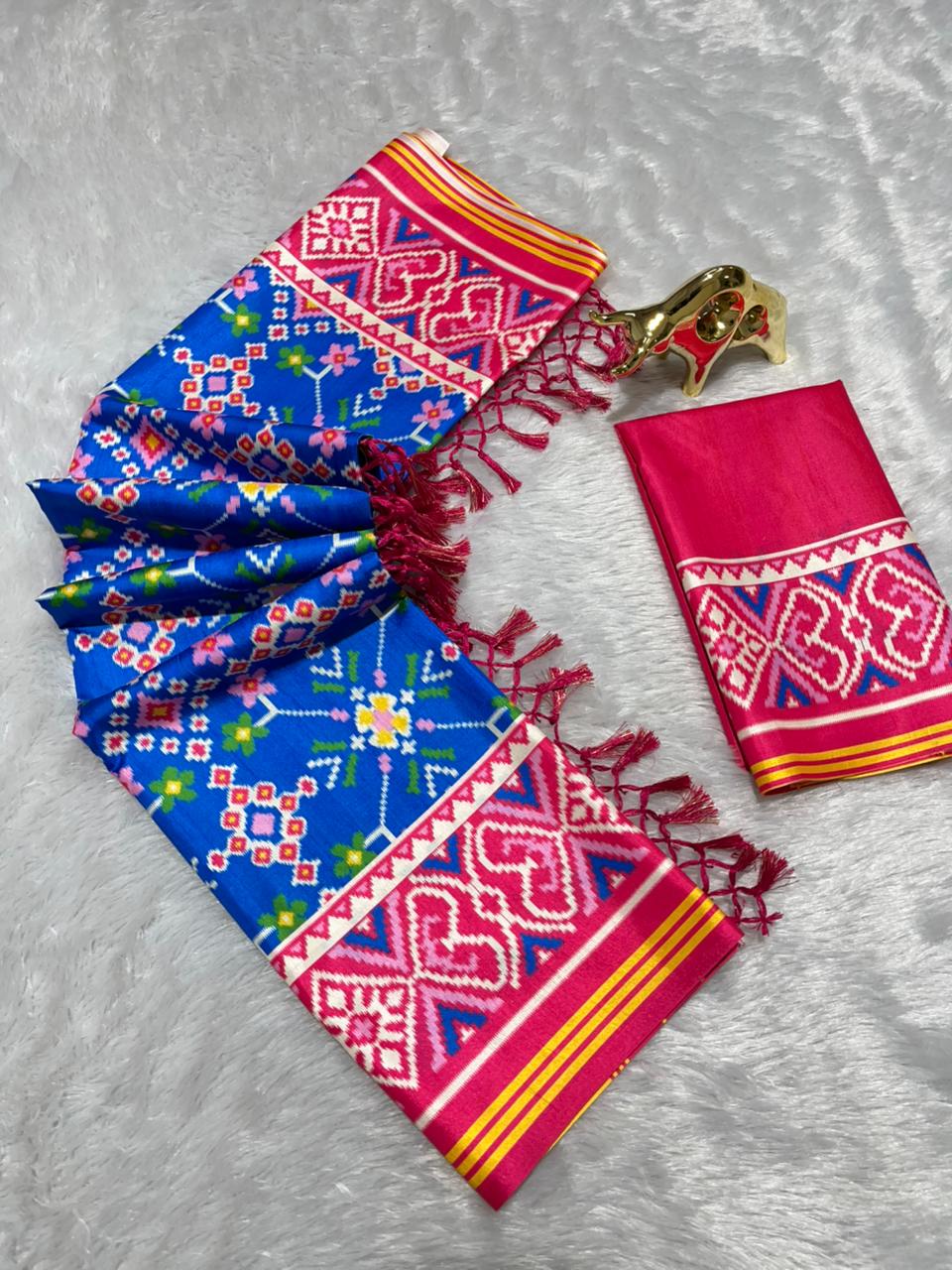 Royal Blue Soft Silk Saree with Patola Digital Prints & Tassel Pallu