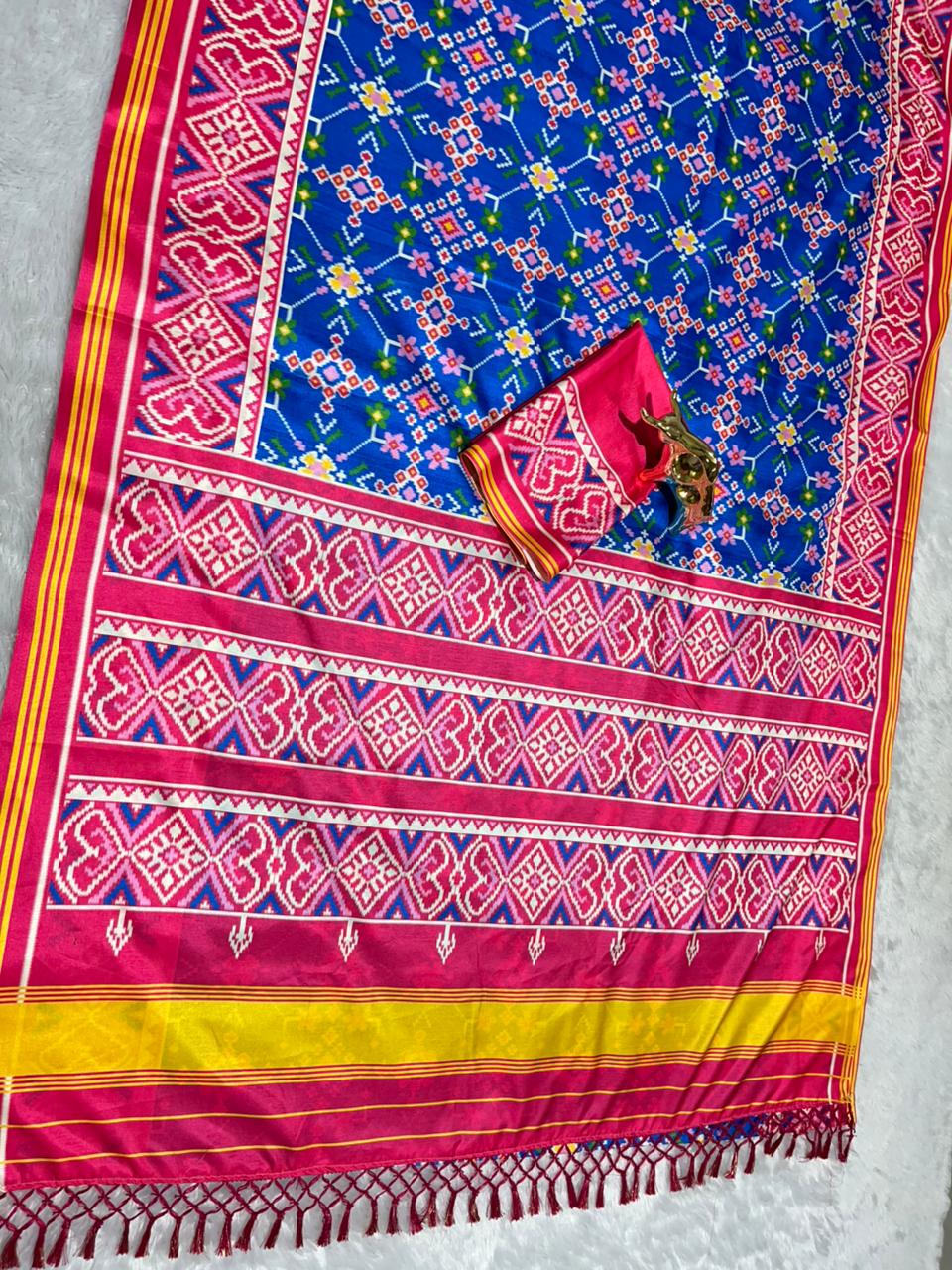 Royal Blue Soft Silk Saree with Patola Digital Prints & Tassel Pallu