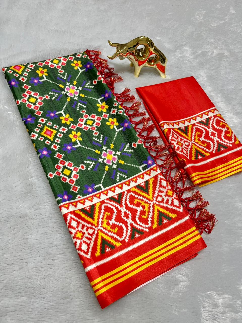 Green Soft Silk Saree with Patola Digital Prints & Tassel Pallu