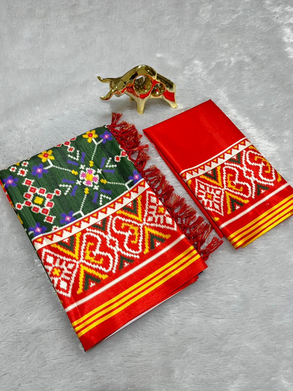 Green Soft Silk Saree with Patola Digital Prints & Tassel Pallu