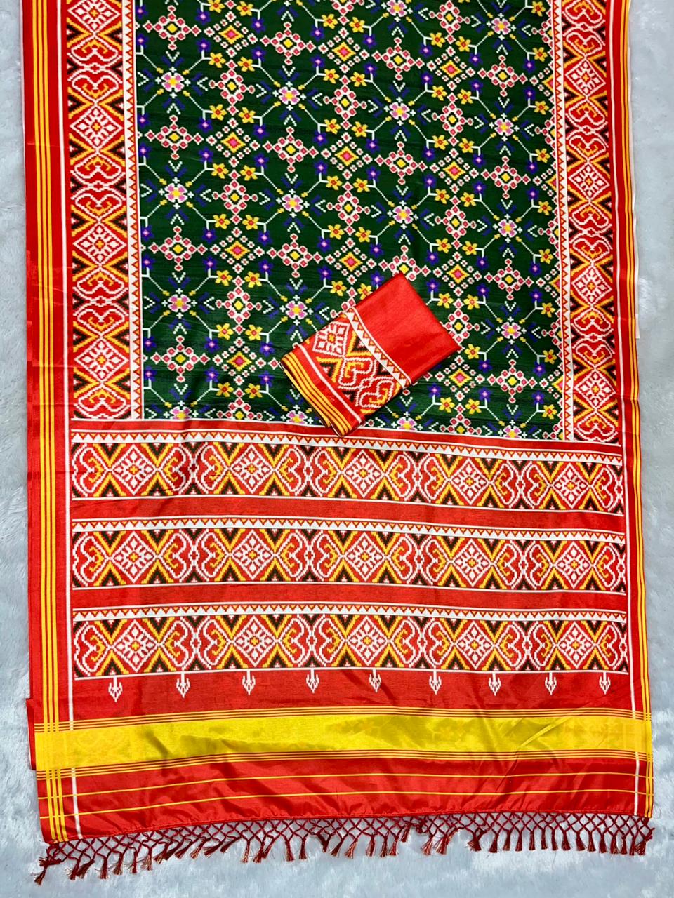 Green Soft Silk Saree with Patola Digital Prints & Tassel Pallu