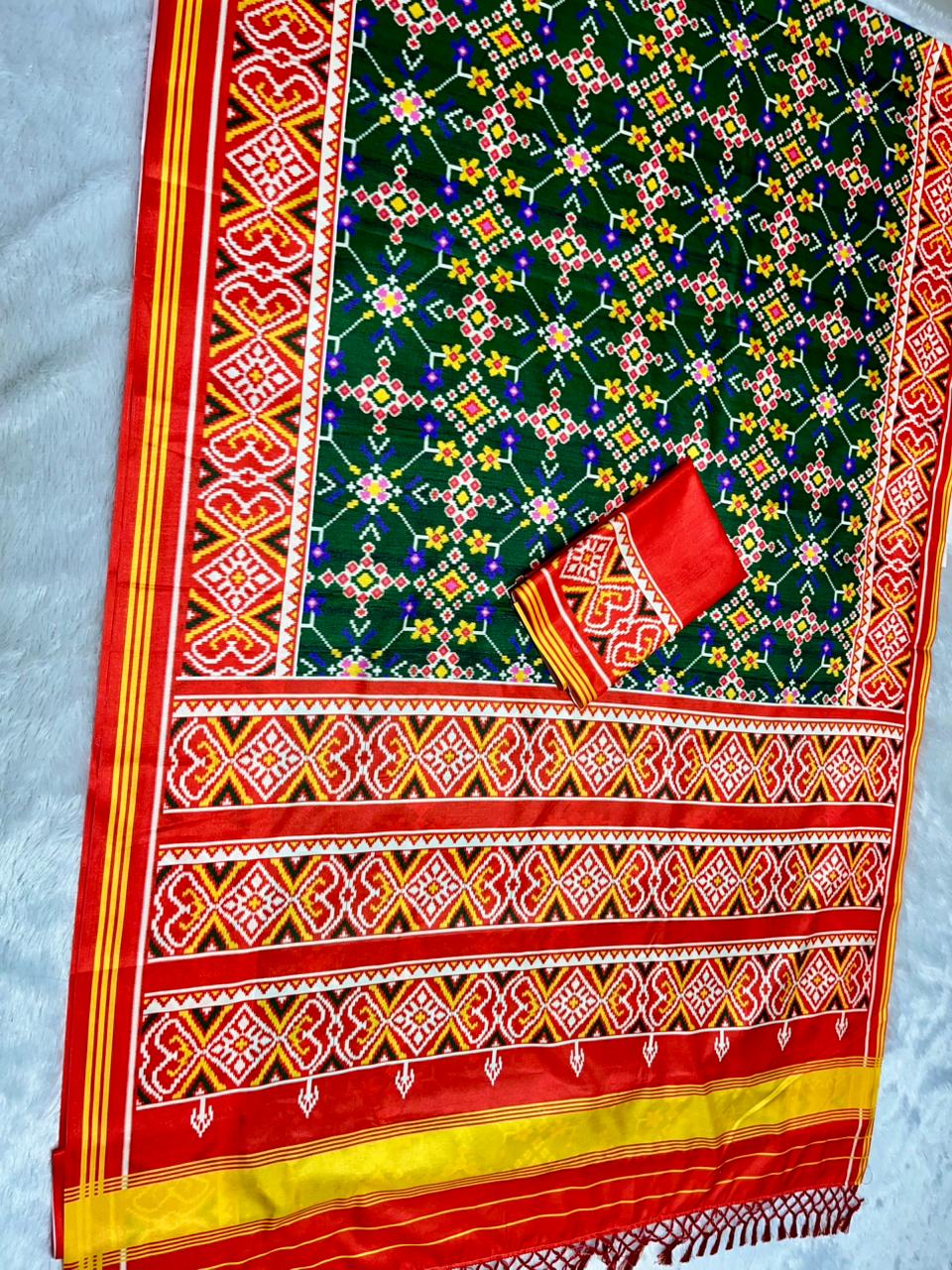 Green Soft Silk Saree with Patola Digital Prints & Tassel Pallu