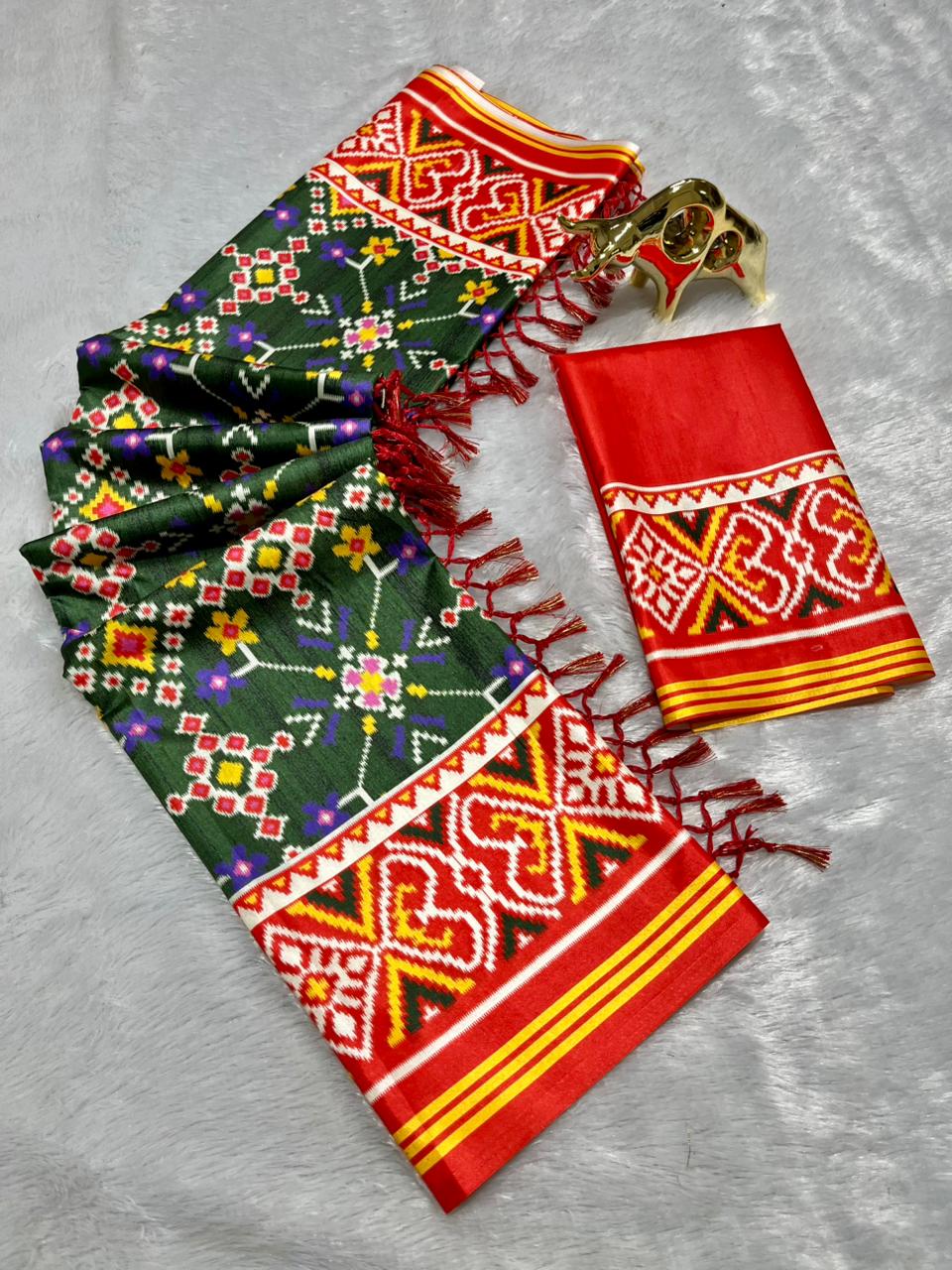 Green Soft Silk Saree with Patola Digital Prints & Tassel Pallu