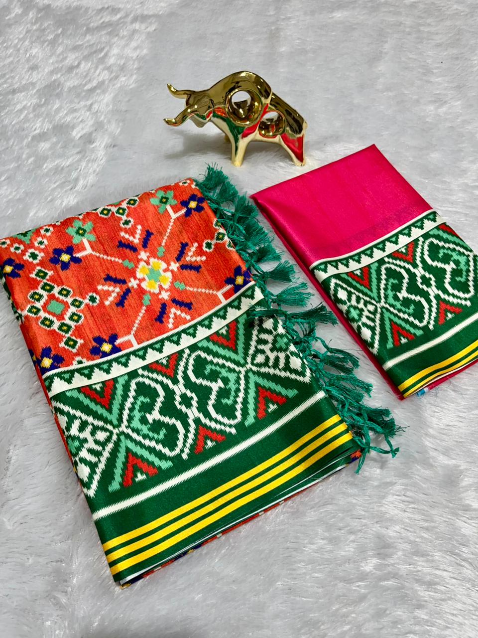 Orange Soft Silk Saree with Patola Digital Prints & Tassel Pallu