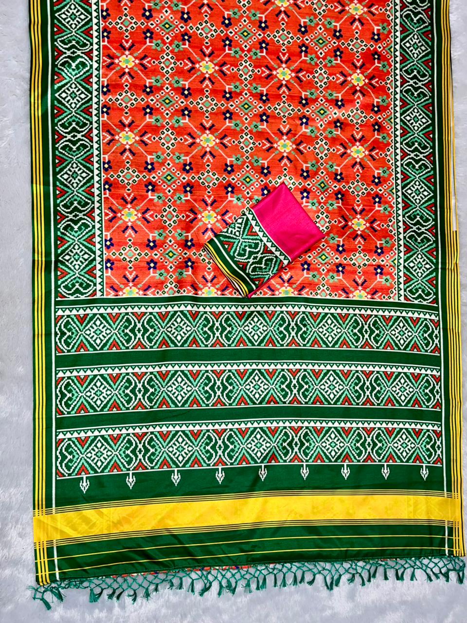 Orange Soft Silk Saree with Patola Digital Prints & Tassel Pallu