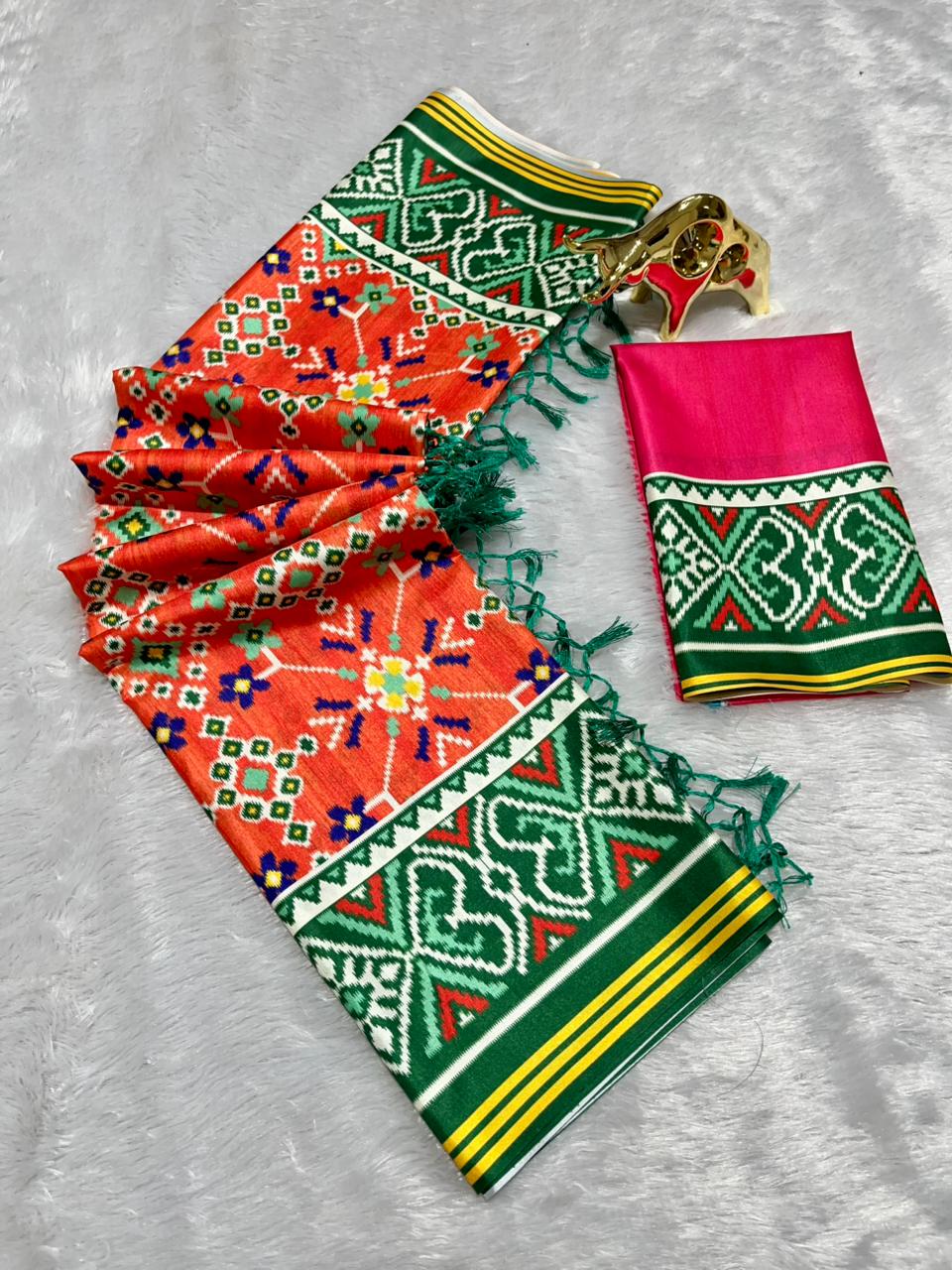 Orange Soft Silk Saree with Patola Digital Prints & Tassel Pallu